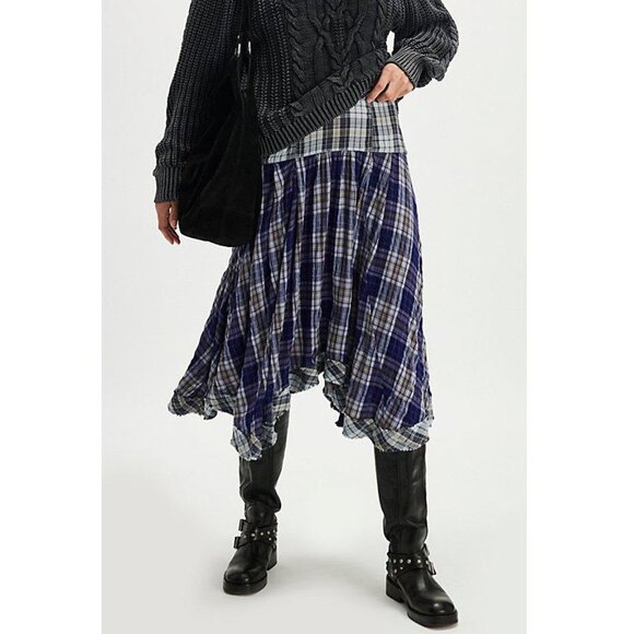 Free People Whitestone Plaid Midi Skirt in Blue Combo Sz 12